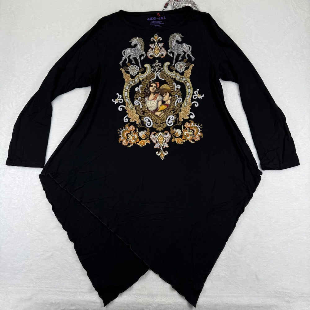 Ay Guey! Womens 4XL Black Sharkbite Tunic Mexican‎ Folk Art Graphic Long Sleeve